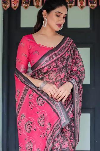 Black printed art silk designer pallu saree