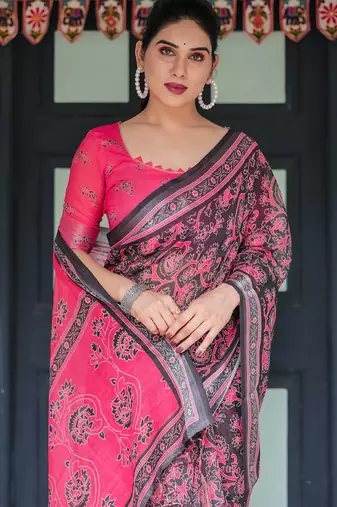 Black printed art silk designer pallu saree