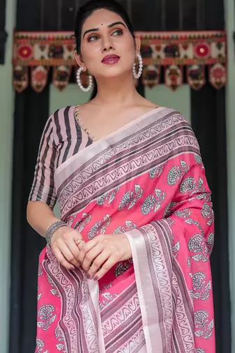 Black printed art silk designer pallu saree