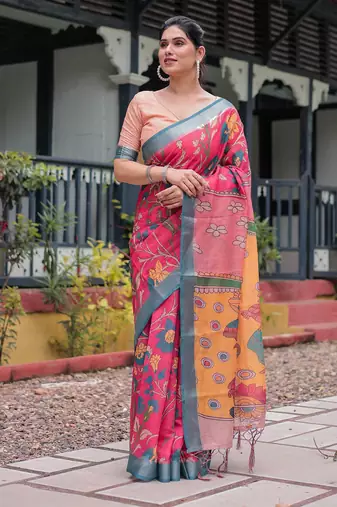 Pink printed art silk designer pallu saree