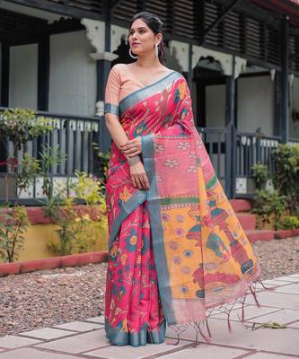 Pink printed art silk designer pallu saree 2