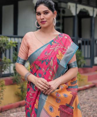 Pink printed art silk designer pallu saree 4