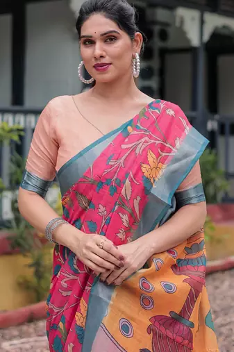 Pink printed art silk designer pallu saree