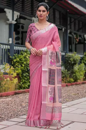 Baby pink printed art silk designer pallu saree