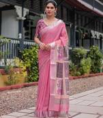 Baby pink printed art silk designer pallu saree