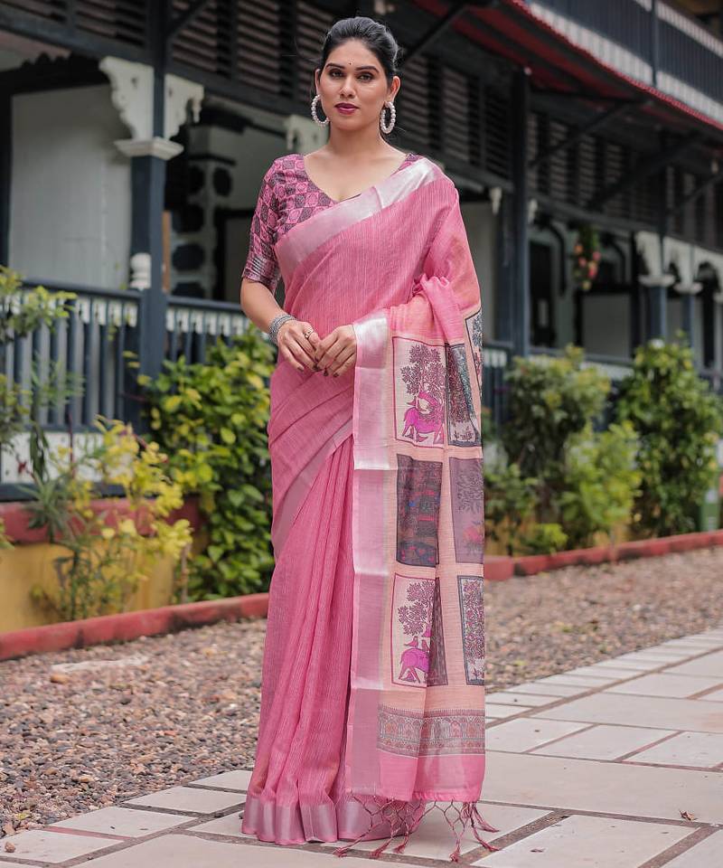 Baby pink printed art silk designer pallu saree