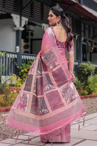 Baby pink printed art silk designer pallu saree