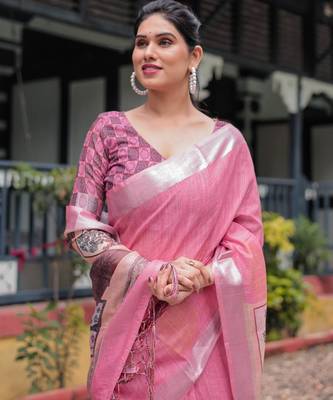 Baby pink printed art silk designer pallu saree 4