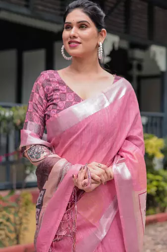Baby pink printed art silk designer pallu saree