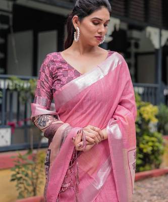 Baby pink printed art silk designer pallu saree 5