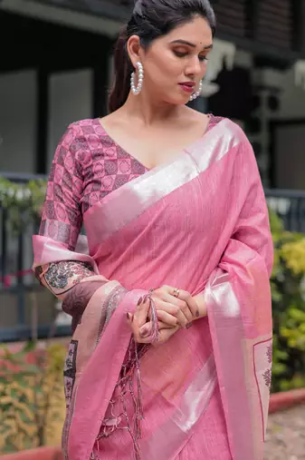 Baby pink printed art silk designer pallu saree