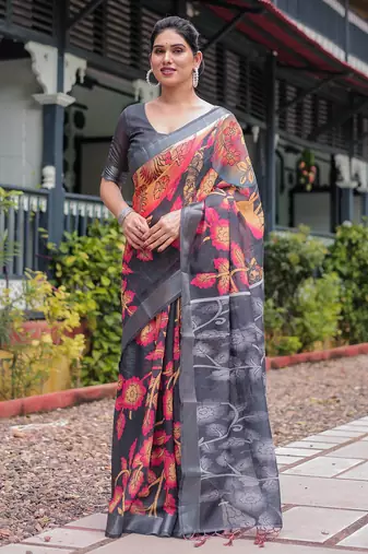 Black printed art silk designer pallu saree