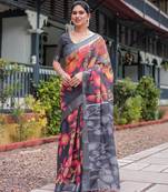 Black printed art silk designer pallu saree