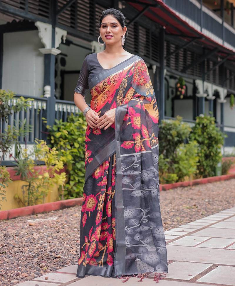 Black printed art silk designer pallu saree