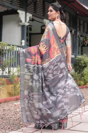 Black printed art silk designer pallu saree