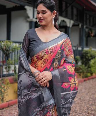 Black printed art silk designer pallu saree 4