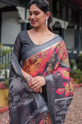 Black printed art silk designer pallu saree