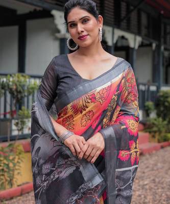 Black printed art silk designer pallu saree 5