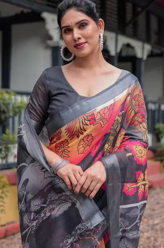 Black printed art silk designer pallu saree