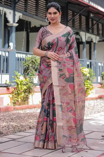 Onion pink printed art silk designer pallu saree