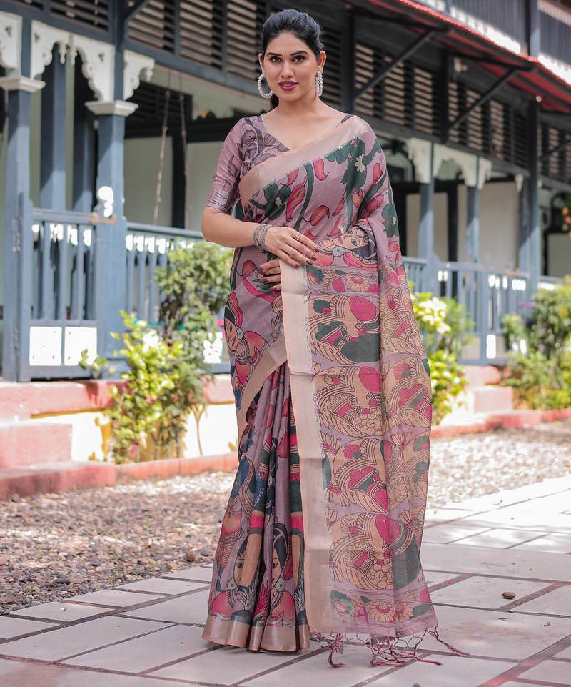 Onion pink printed art silk designer pallu saree