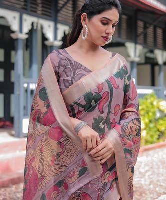 Onion pink printed art silk designer pallu saree 4