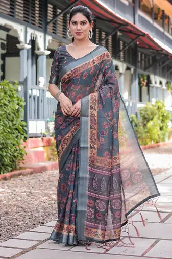 Grey printed art silk designer pallu saree
