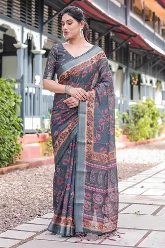 Grey printed art silk designer pallu saree