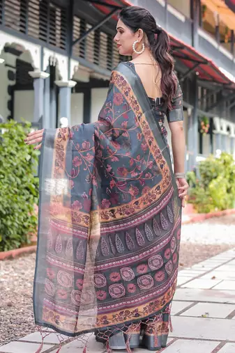 Grey printed art silk designer pallu saree