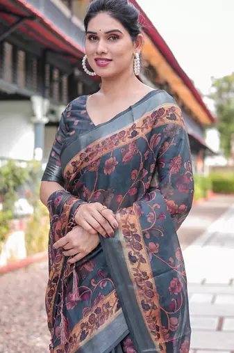 Grey printed art silk designer pallu saree