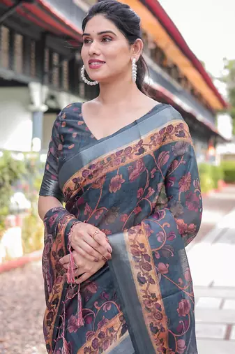 Grey printed art silk designer pallu saree