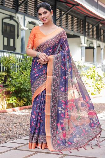 Purple printed art silk designer pallu saree