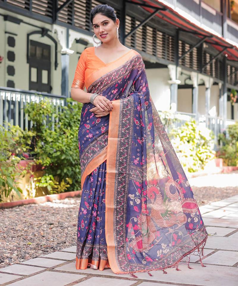 Purple printed art silk designer pallu saree
