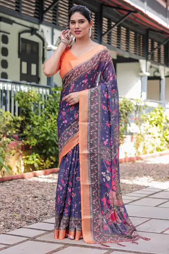 Purple printed art silk designer pallu saree