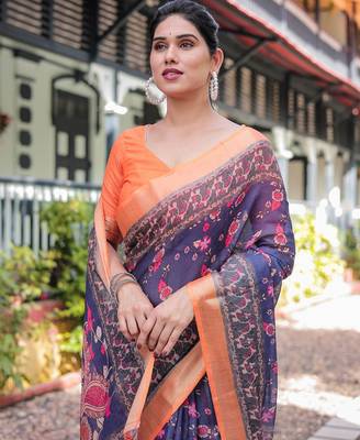 Purple printed art silk designer pallu saree 4