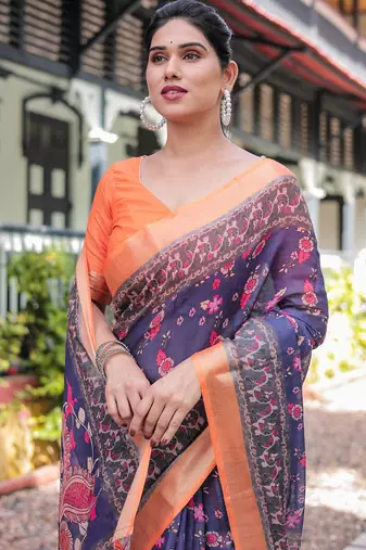 Purple printed art silk designer pallu saree