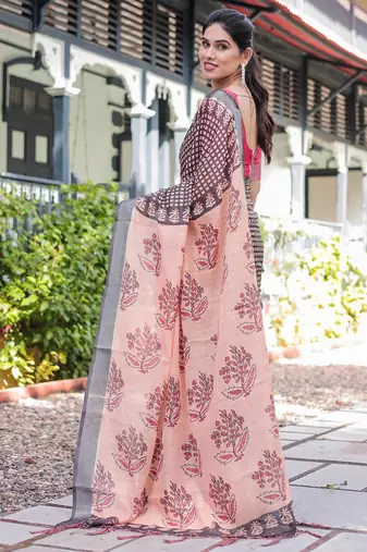 Grey printed art silk designer pallu saree