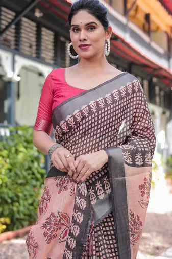 Grey printed art silk designer pallu saree