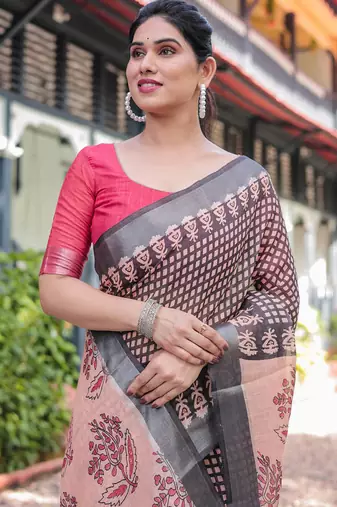 Grey printed art silk designer pallu saree