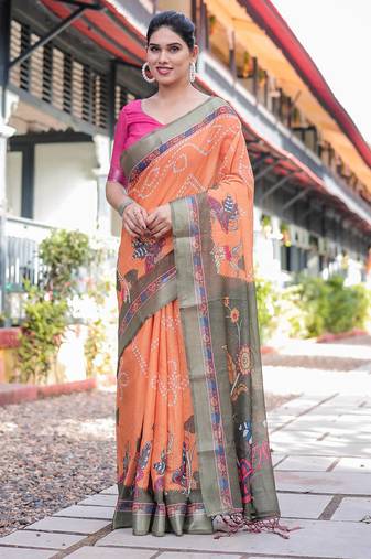 Orange printed art silk designer pallu saree