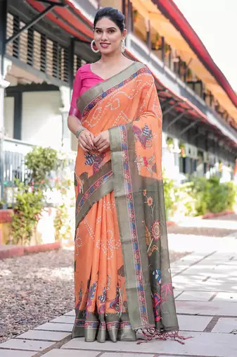 Orange printed art silk designer pallu saree
