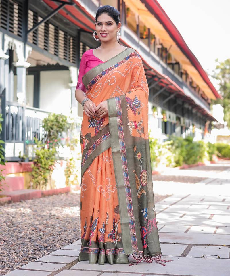 Orange printed art silk designer pallu saree