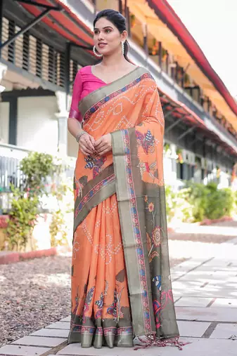 Orange printed art silk designer pallu saree