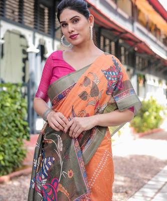 Orange printed art silk designer pallu saree 5
