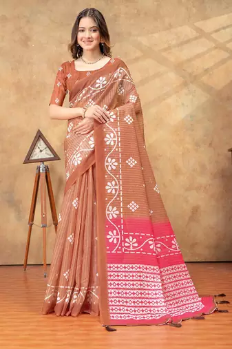 Brown printed art silk designer pallu saree