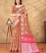 Brown printed art silk designer pallu saree
