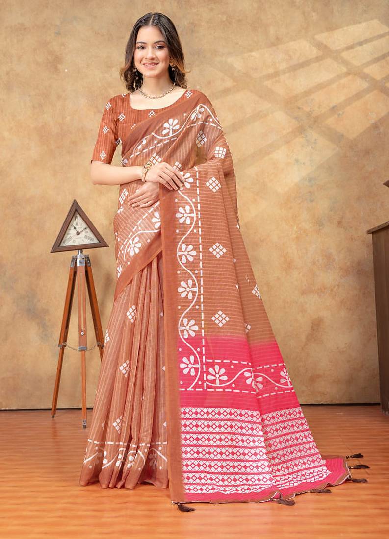 Brown printed art silk designer pallu saree