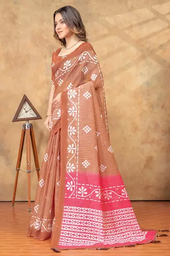 Brown printed art silk designer pallu saree