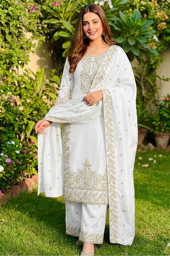 White color designer pure gmy silk sequins embroidered work readymade suit