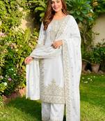 White color designer pure gmy silk sequins embroidered work readymade suit